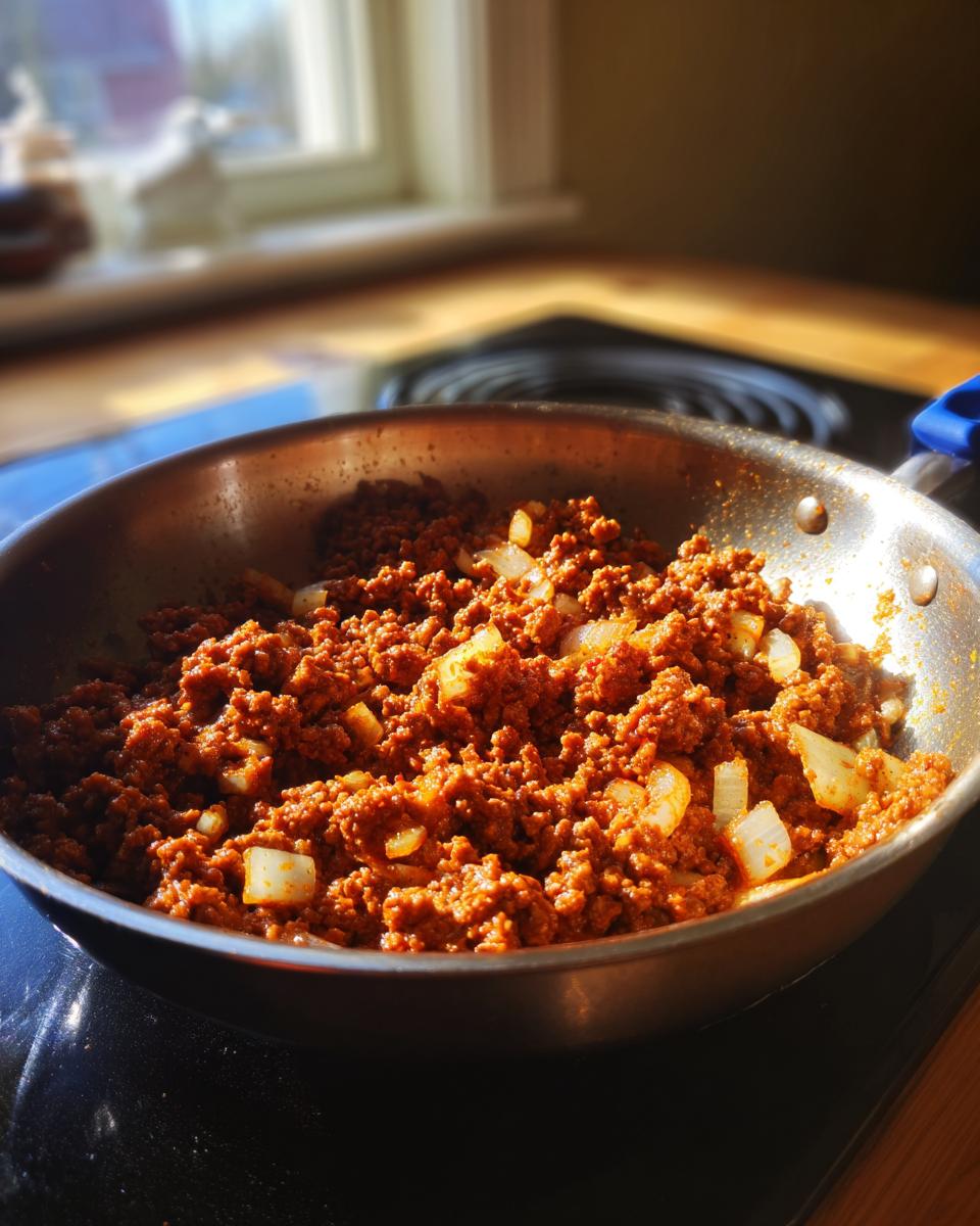 Ground beef mixture seasoned richly for cheeseburger pockets crescent rolls cooking in a skillet.