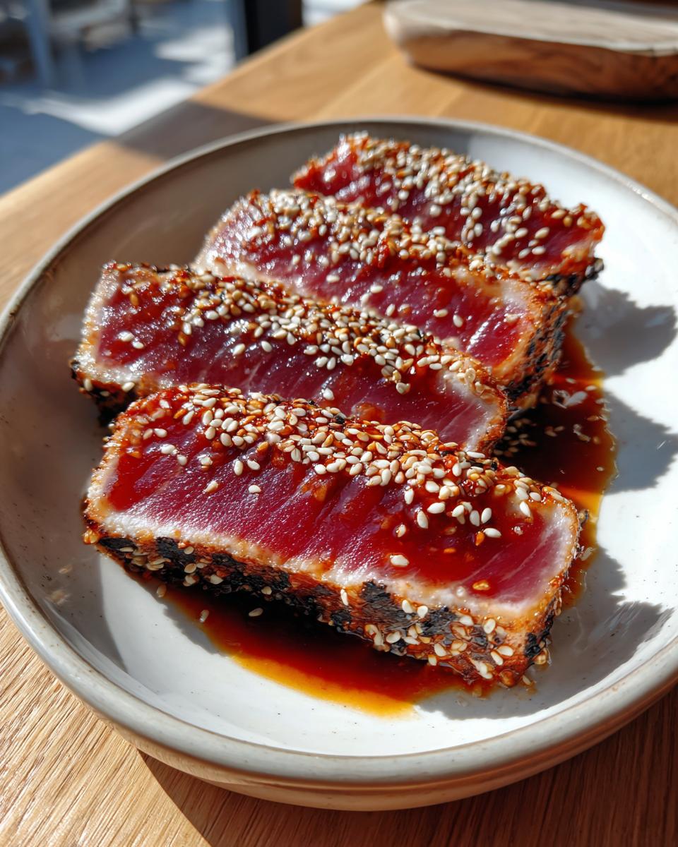 Four slices of perfectly seared, rare grilled tuna steak coated in sesame seeds and soy glaze.