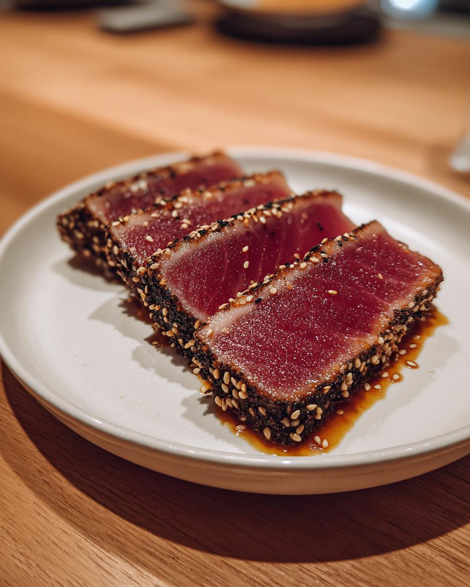 Four slices of rare, sesame-crusted grilled tuna steak resting in a light sauce on a white plate.