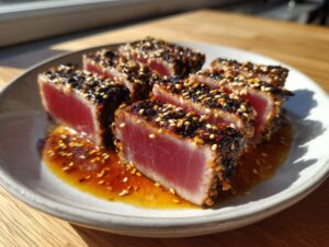 Slices of perfectly seared, sesame-crusted grilled tuna steak resting in a savory sauce on a white plate.
