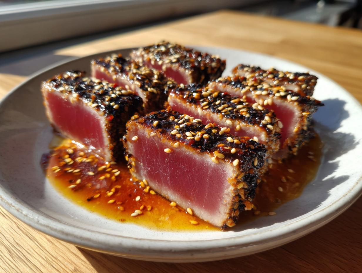 Slices of perfectly seared, sesame-crusted grilled tuna steak resting in a savory sauce on a white plate.