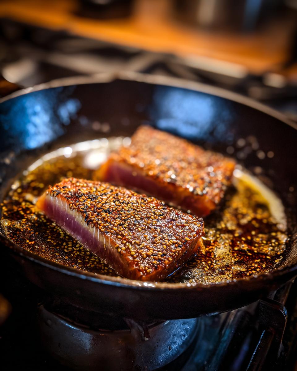 Two sesame-crusted tuna steaks being pan seared in hot oil in a black skillet, showing a rare center.