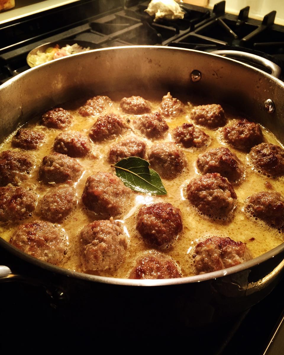 Close-up of browned meatballs simmering in a creamy broth for swedish meatball soup, garnished with a bay leaf.