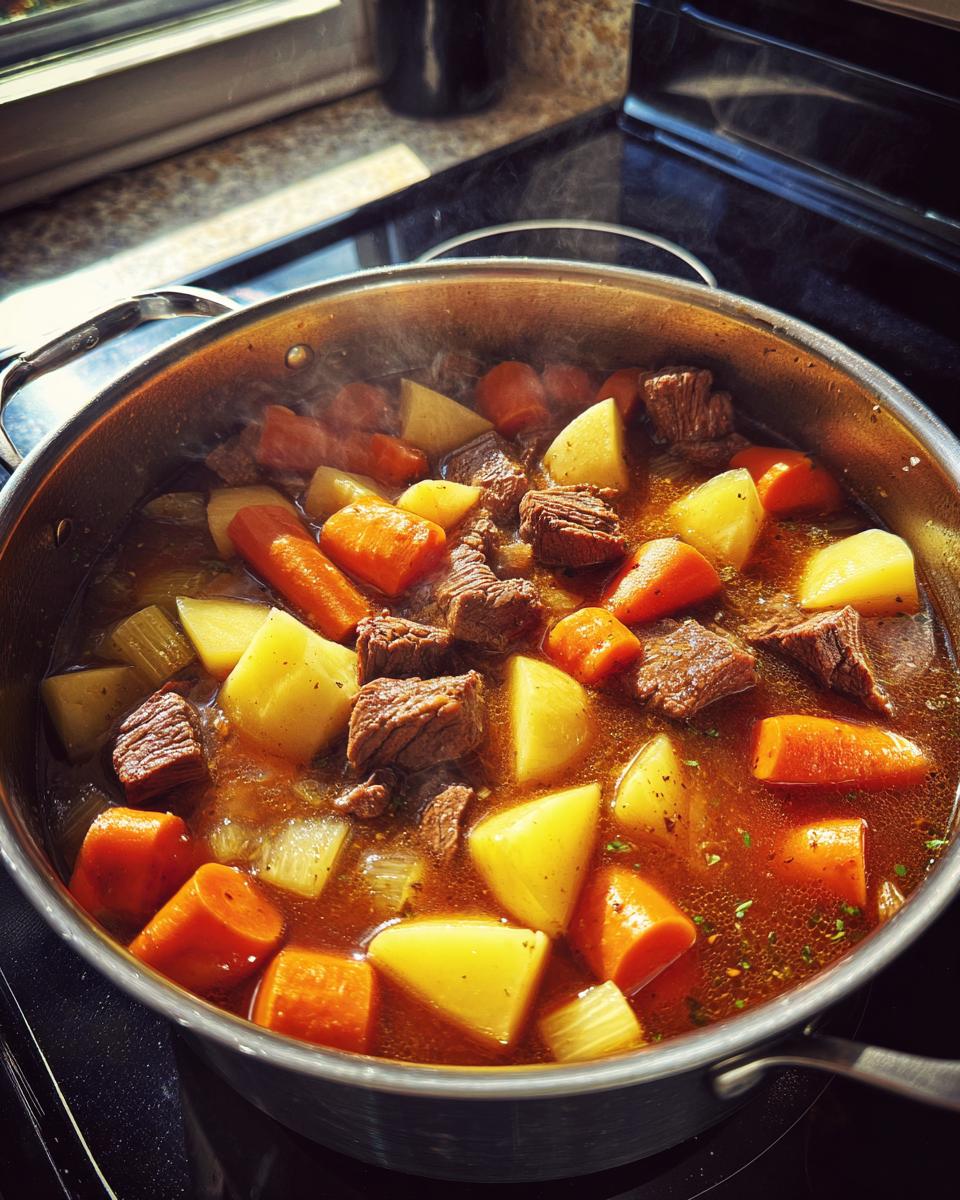 Close-up of steaming vegetable soup with stew meat, large chunks of carrots, and potatoes simmering in a stainless steel pot.