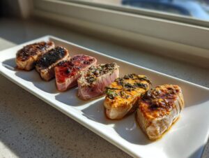Six perfectly seared and sliced tuna steaks, each showing a different tuna steak marinade, arranged on a white platter.