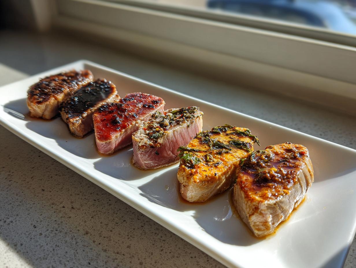 Six perfectly seared and sliced tuna steaks, each showing a different tuna steak marinade, arranged on a white platter.
