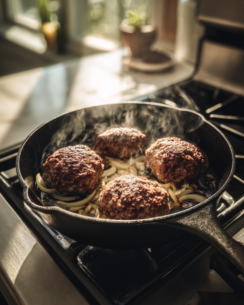 Four seasoned beef patties sizzling in a cast iron skillet over caramelized onions for cheeseburger pockets biscuits.