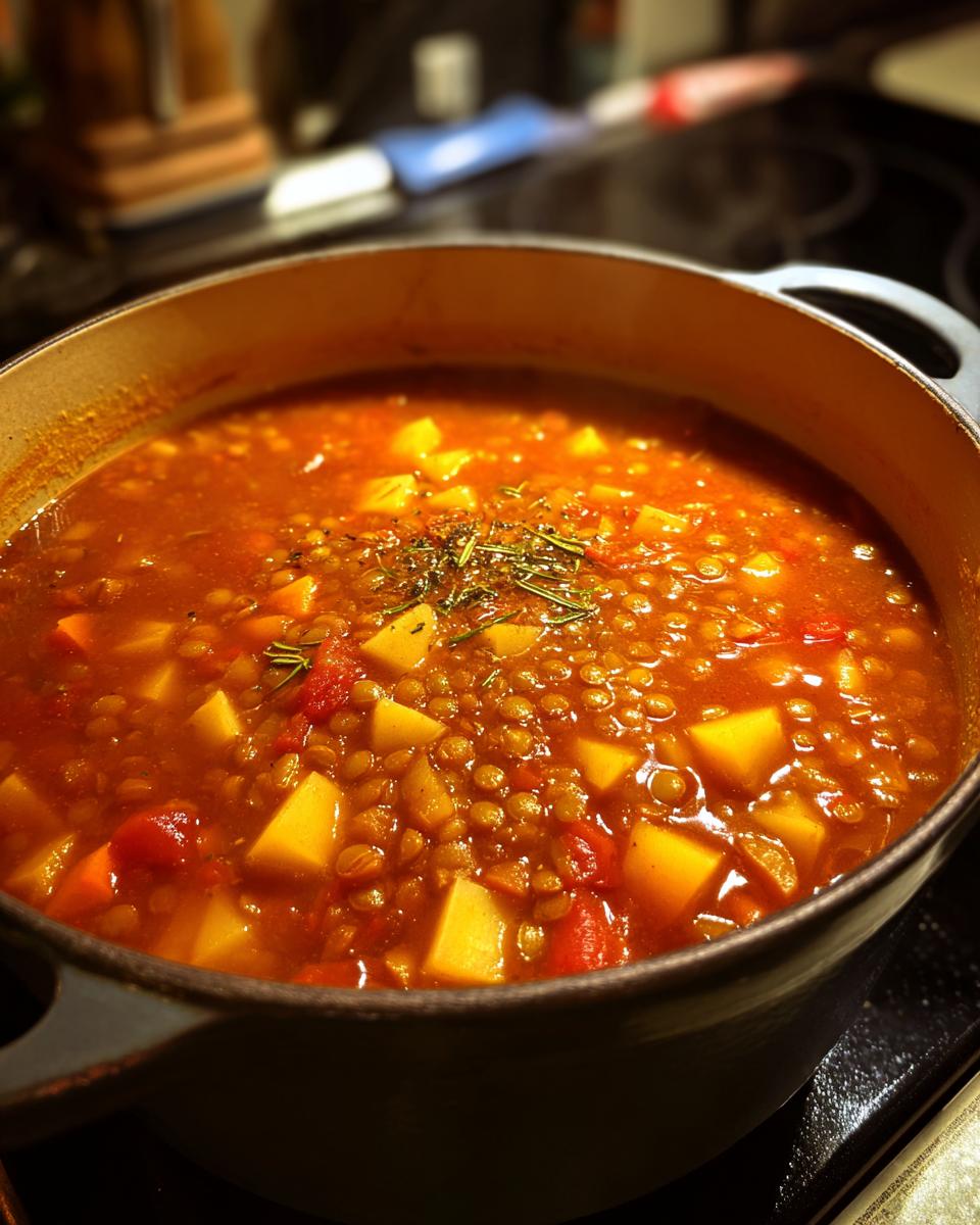 Close-up of a steaming pot filled with hearty vegetable soup, featuring lentils, diced potatoes, and herbs on top.