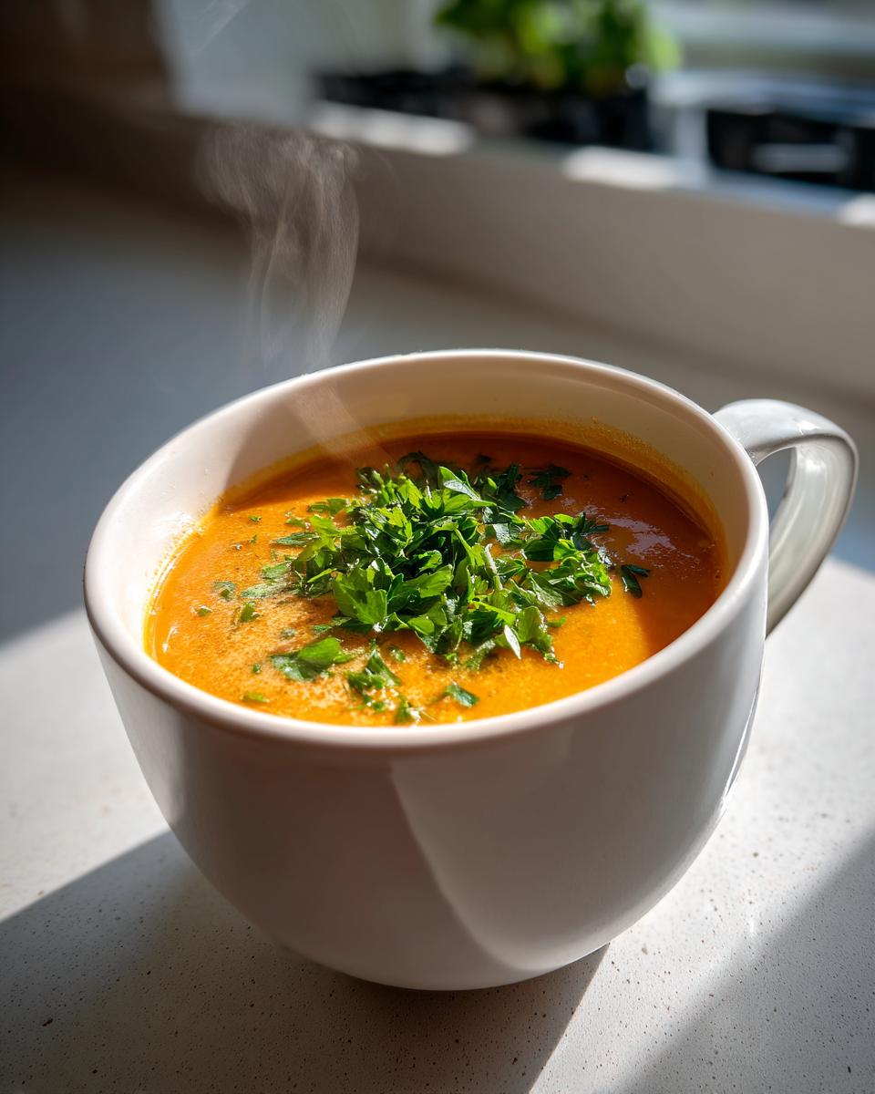 Close-up of hot, steaming roasted vegetable soup in a white mug, topped with fresh parsley.