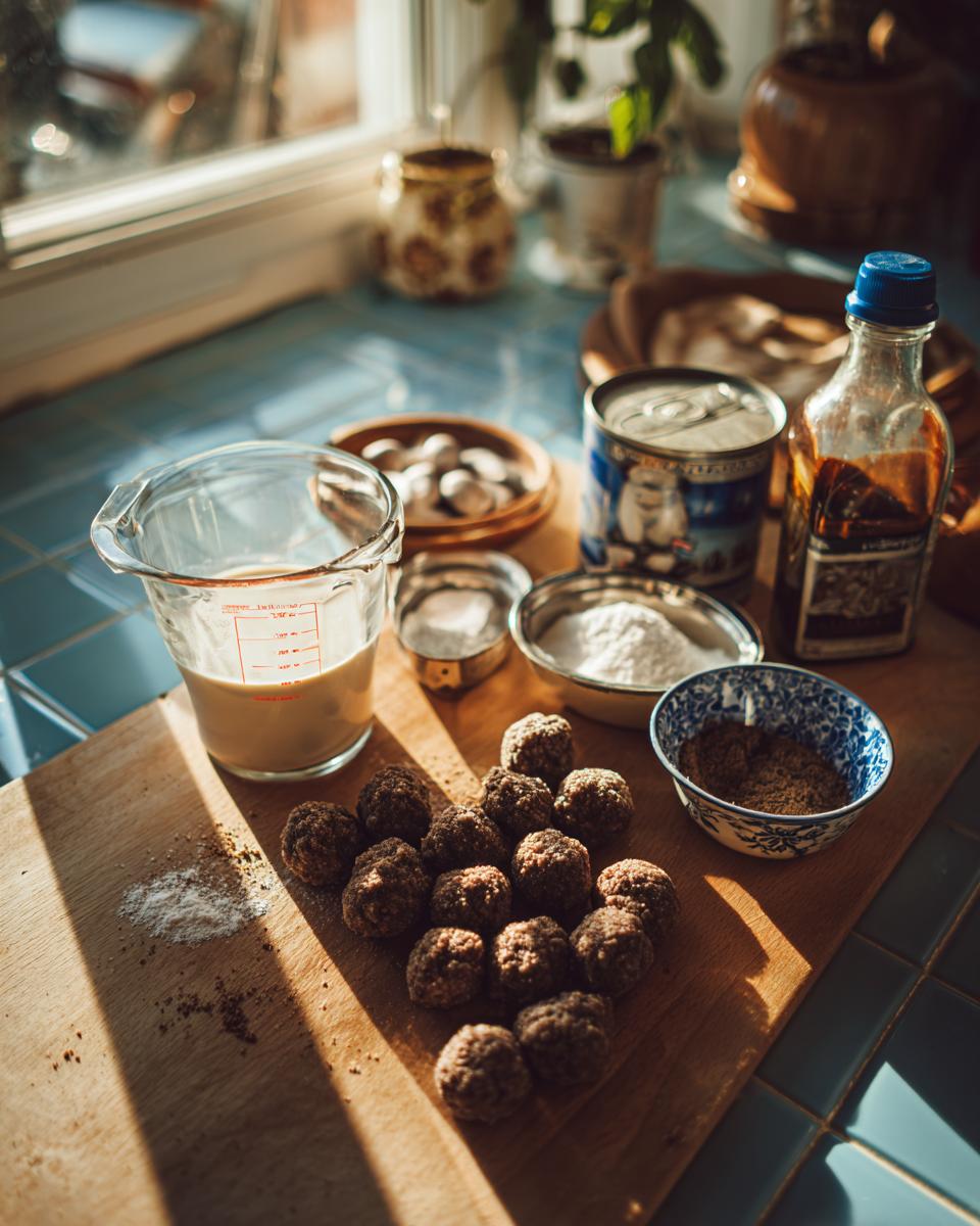 Raw Swedish meatballs and ingredients like cream, spices, and flour on a cutting board for a swedish meatball recipe crockpot.