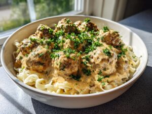 A white bowl filled with creamy Swedish meatball recipe crockpot served over wide egg noodles and garnished with fresh parsley.