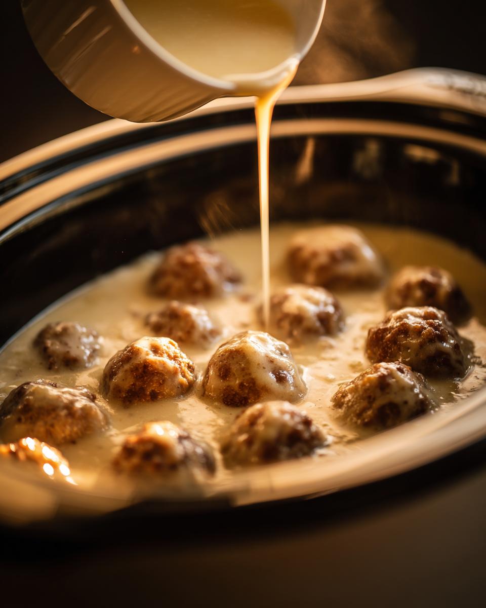 Pouring creamy sauce over browned meatballs cooking in a slow cooker for a swedish meatball recipe crockpot.