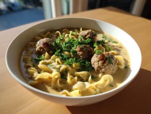 A close-up of a white bowl filled with Swedish meatball soup, featuring meatballs, egg noodles, and fresh parsley.