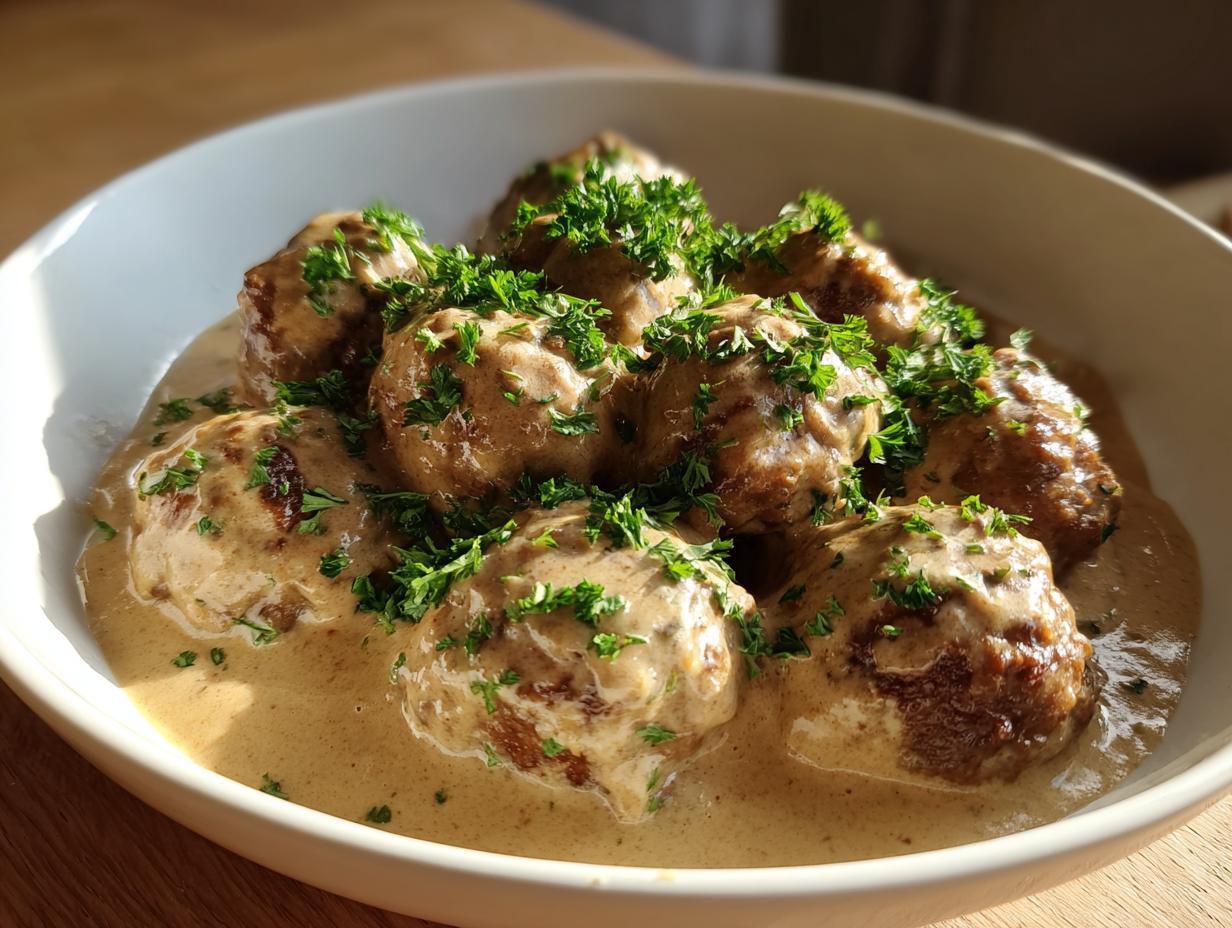 Close-up of tender Swedish meatballs smothered in rich cream sauce and topped with fresh parsley.