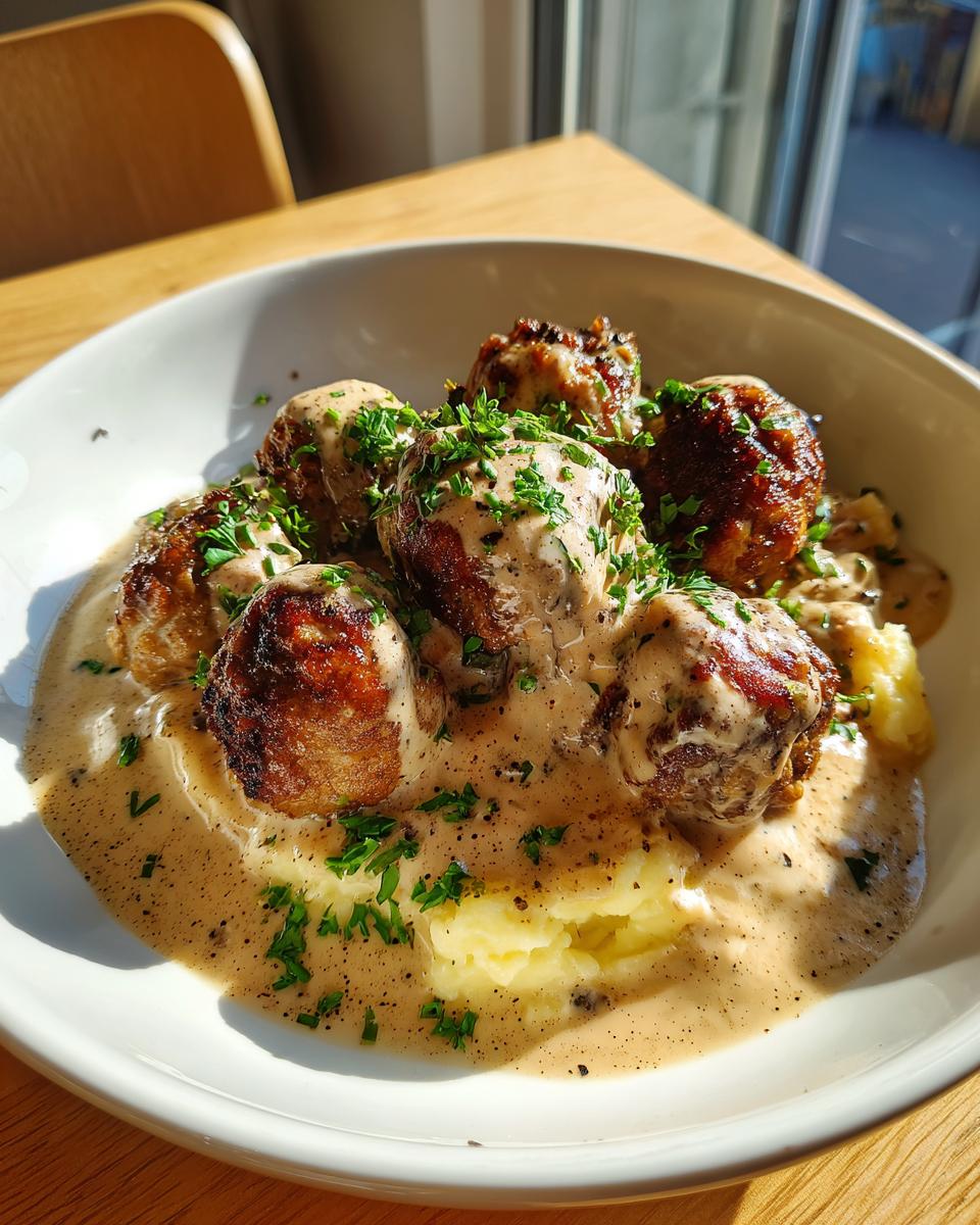 A bowl of delicious swedish meatballs with frozen meatballs served over mashed potatoes and covered in creamy brown gravy.