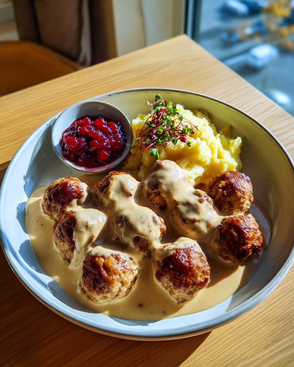 Plate of Swedish meatballs with frozen meatballs, creamy sauce, mashed potatoes, and lingonberry jam.