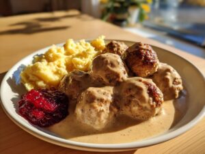 A plate of Swedish meatballs with frozen meatballs served with creamy sauce, mashed potatoes, and lingonberry jam.