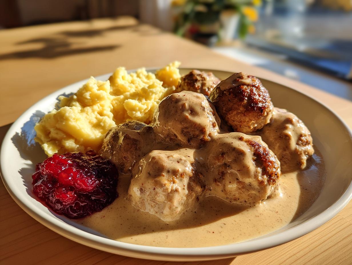 A plate of Swedish meatballs with frozen meatballs served with creamy sauce, mashed potatoes, and lingonberry jam.