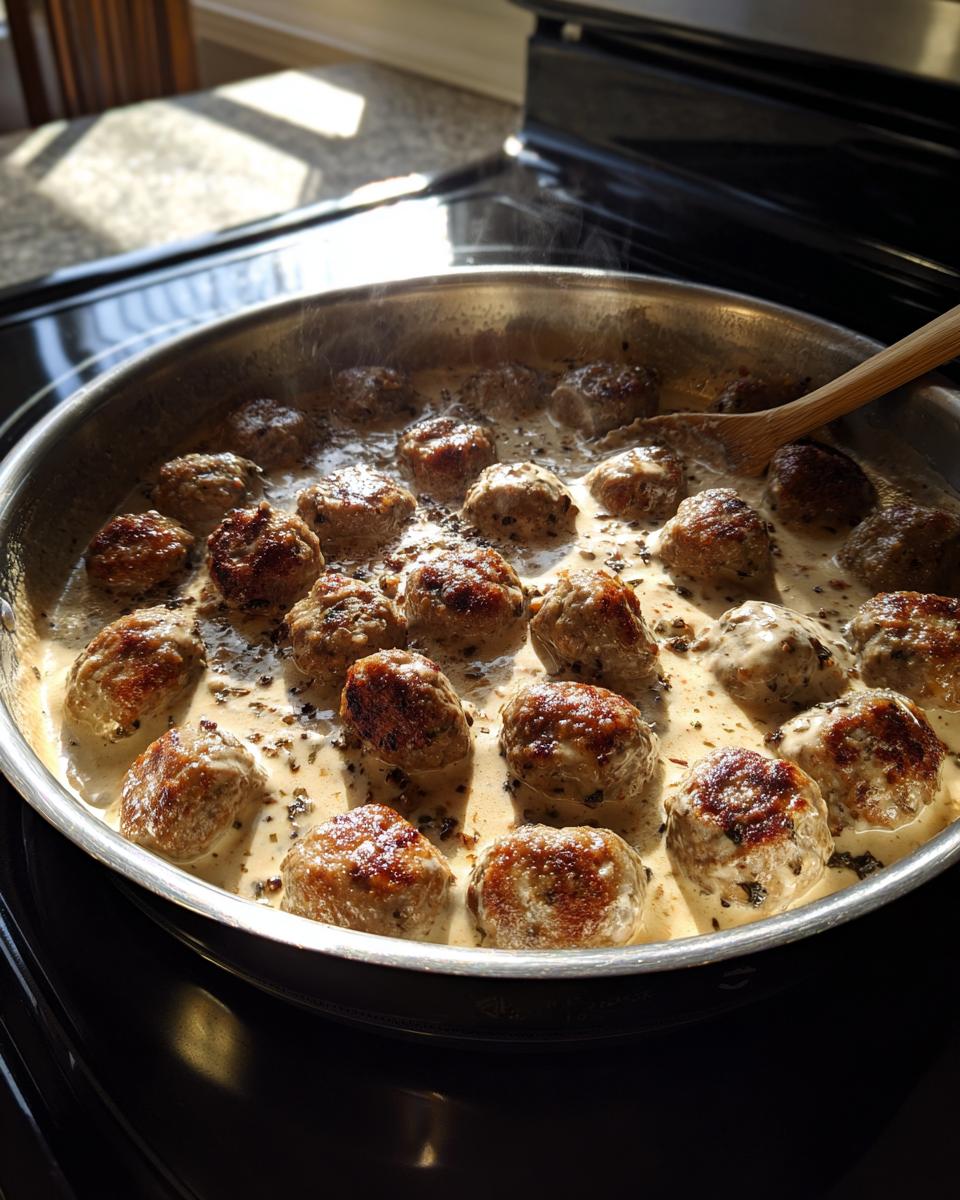 Browned swedish meatballs with frozen meatballs simmering in a creamy sauce in a stainless steel pan.