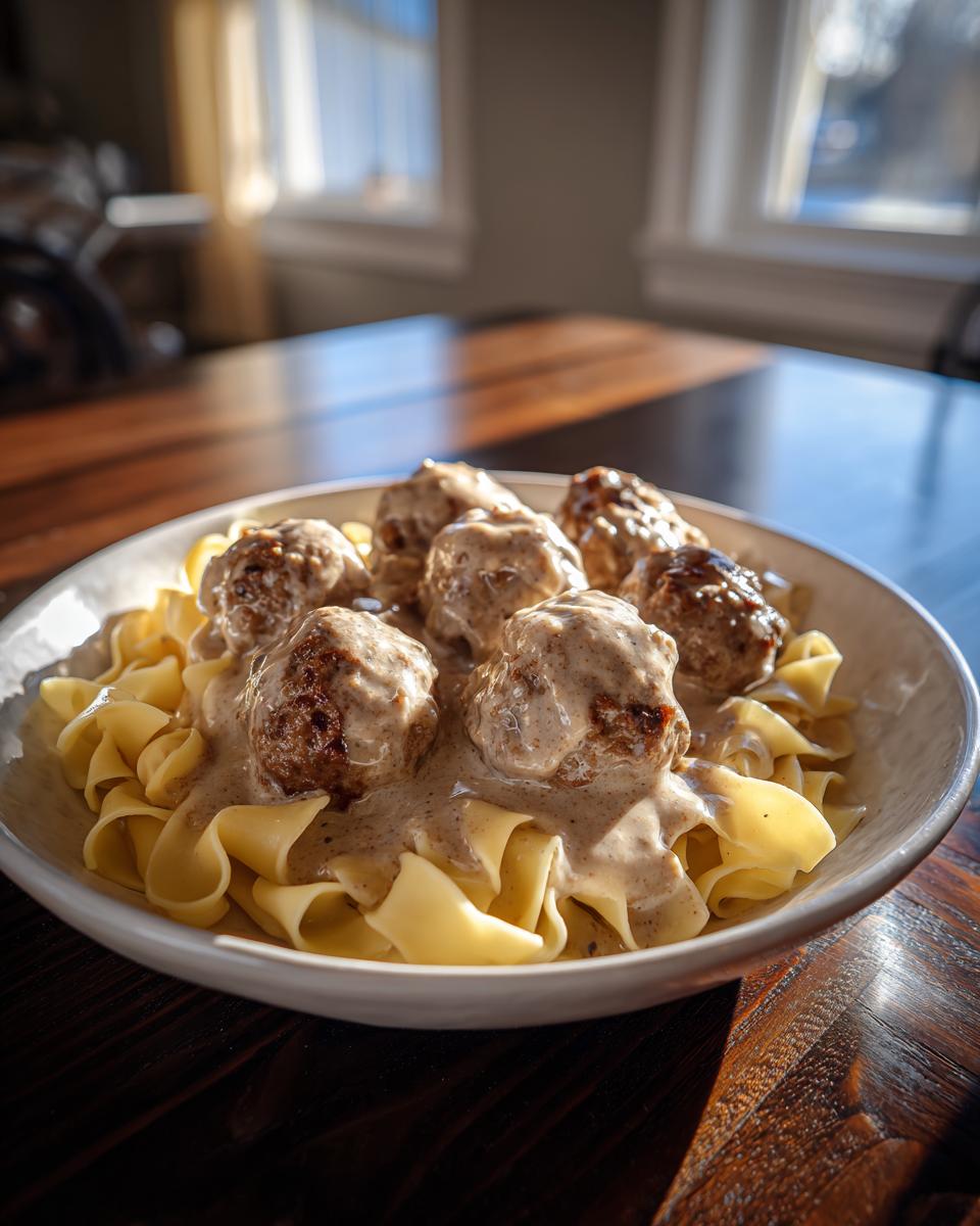 A bowl of Swedish meatballs over egg noodles covered in creamy brown gravy, served on a dark wooden table.