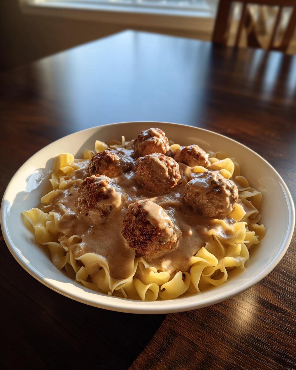 A white bowl filled with swedish meatballs over egg noodles covered in a creamy brown gravy.