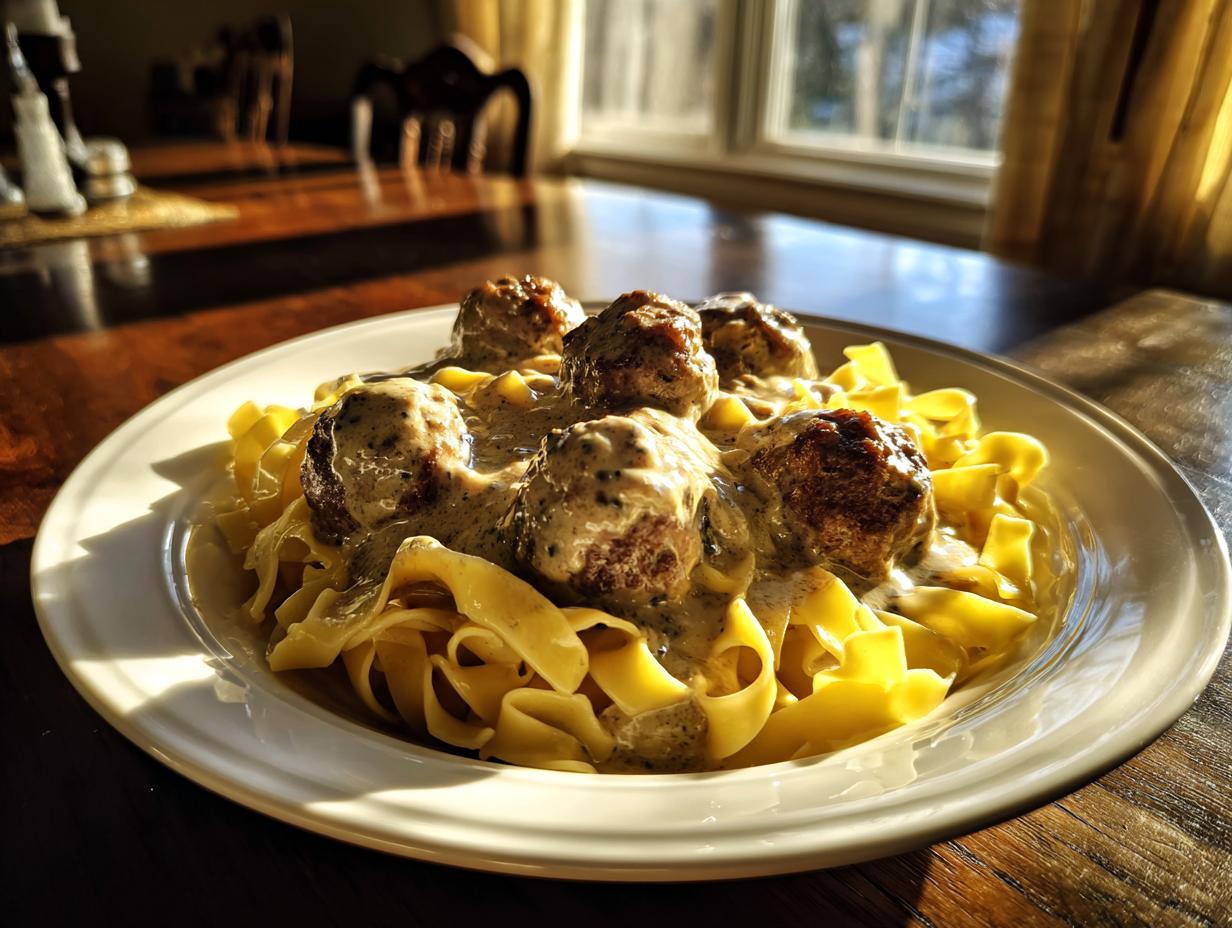 A plate of delicious swedish meatballs over egg noodles covered in creamy sauce, highlighted by sunlight.