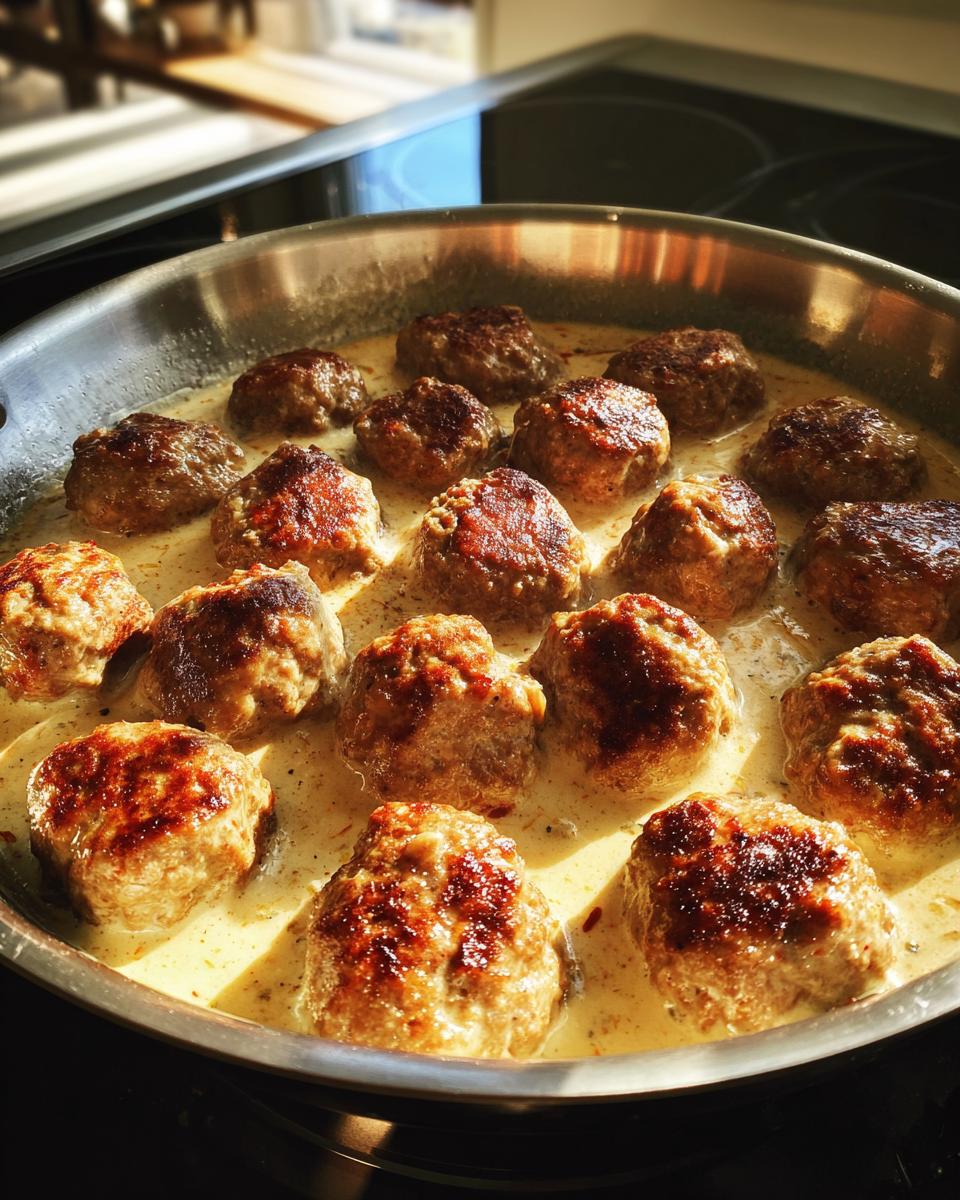 Close-up of browned swedish meatballs simmering in a creamy sauce inside a stainless steel pan.