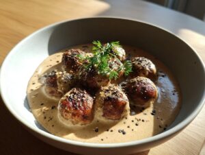 Six browned Swedish meatballs swimming in a creamy, light brown swedish meatballs sauce, garnished with dill and pepper.