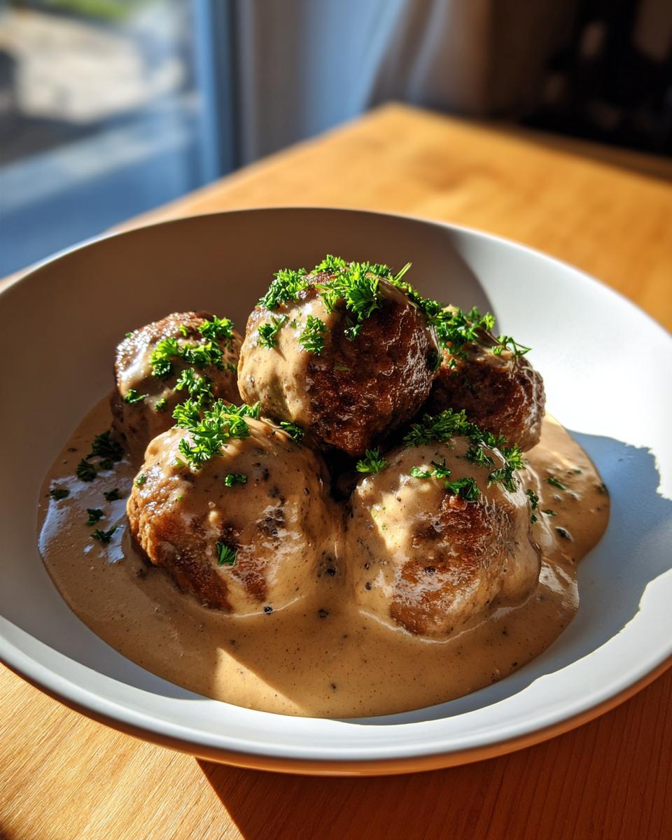 Five golden brown Swedish meatballs generously covered in a creamy, peppery swedish meatballs sauce and garnished with fresh parsley.