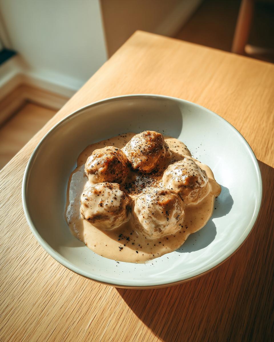 Five browned meatballs generously covered in creamy swedish meatballs sauce and sprinkled with black pepper.
