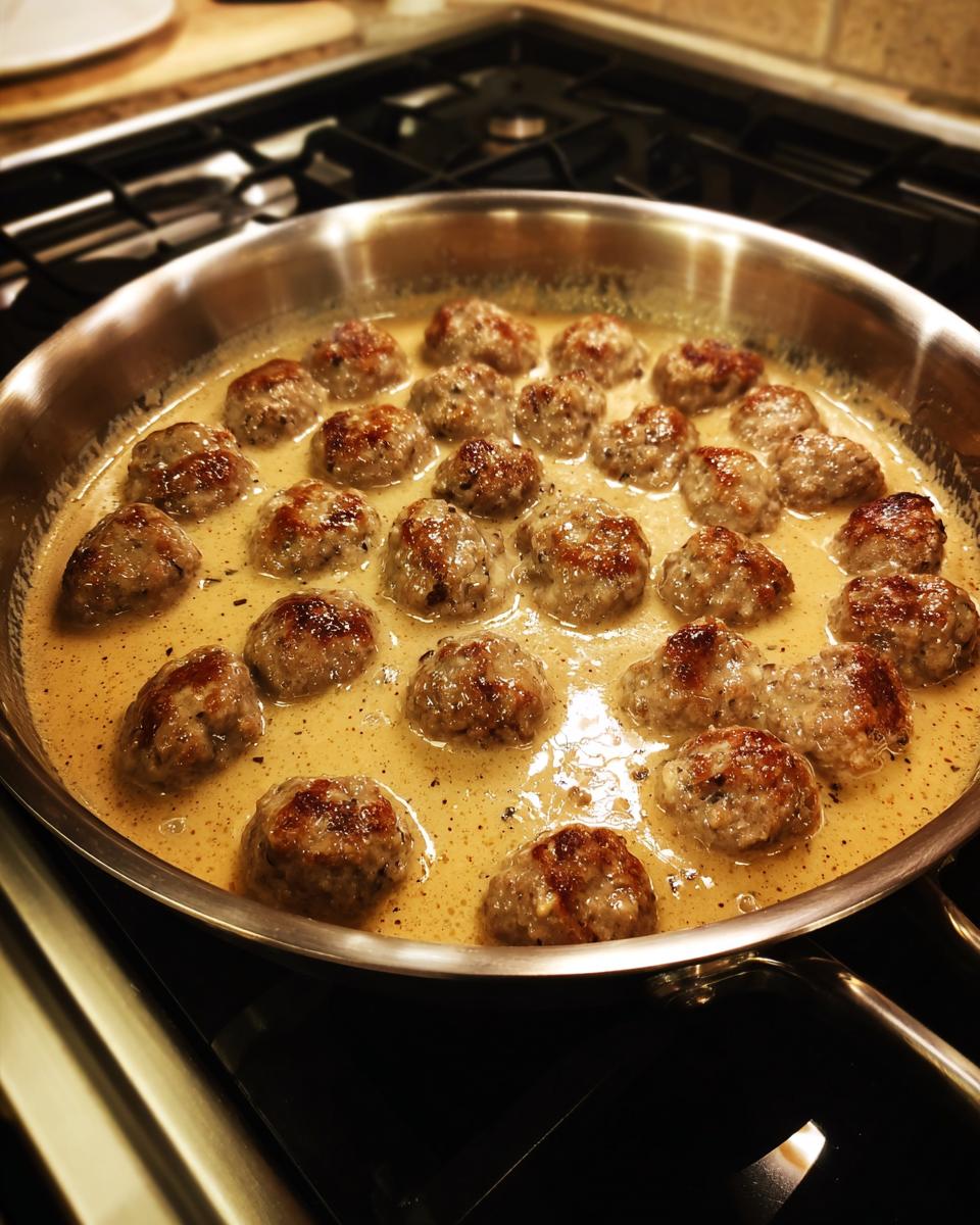 Close-up of browned swedish meatballs simmering in a creamy, light brown sauce inside a stainless steel skillet.