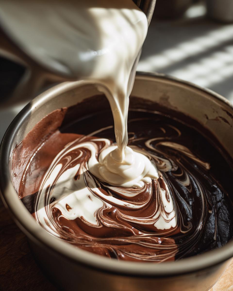 Pouring white cream into dark chocolate batter, creating swirls for triple chocolate cheesecake.