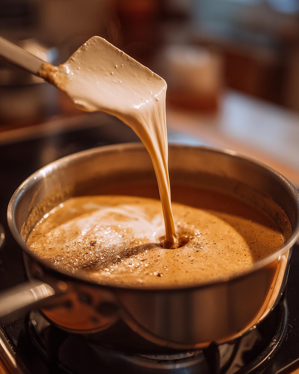 Close-up of thick, creamy swedish meatballs sauce being poured back into a simmering pot from a spatula.