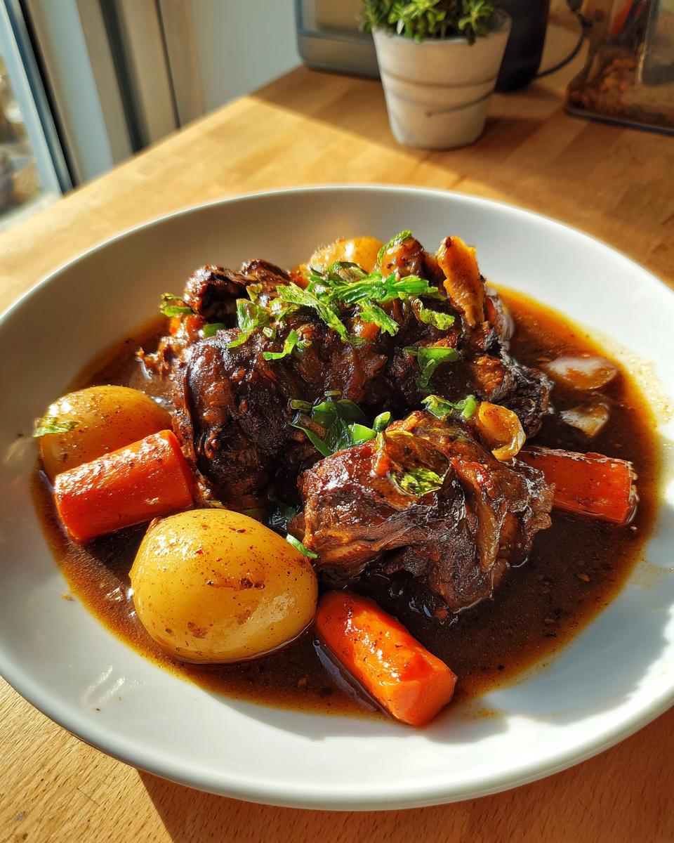Close-up of rich Trinidad brown stew chicken served with whole potatoes and carrots in a dark sauce.