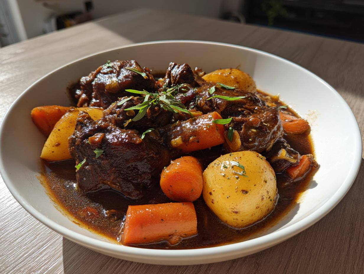A close-up of rich, dark Trinidad brown stew chicken served with carrots and potatoes in a white bowl.