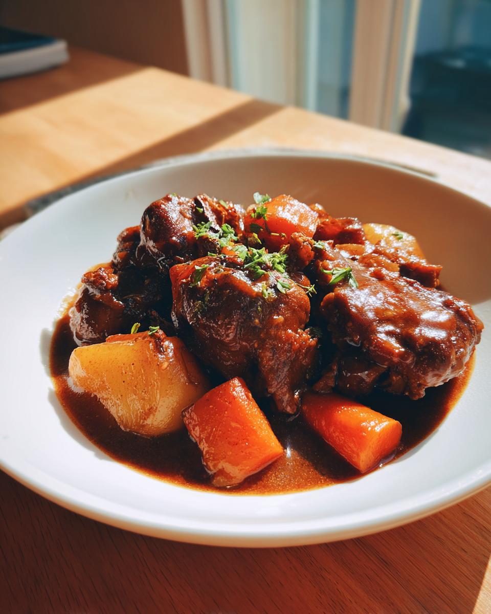 Close-up of rich, dark Trinidad brown stew chicken served in a white bowl with chunks of carrots and potatoes.
