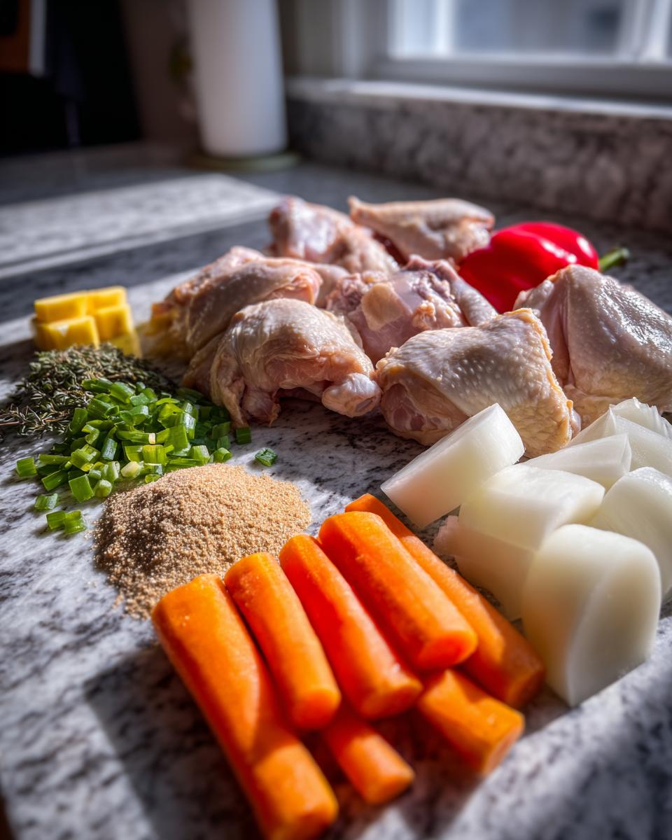 Raw chicken pieces and fresh ingredients like carrots, onions, and seasoning for making trinidad brown stew chicken.