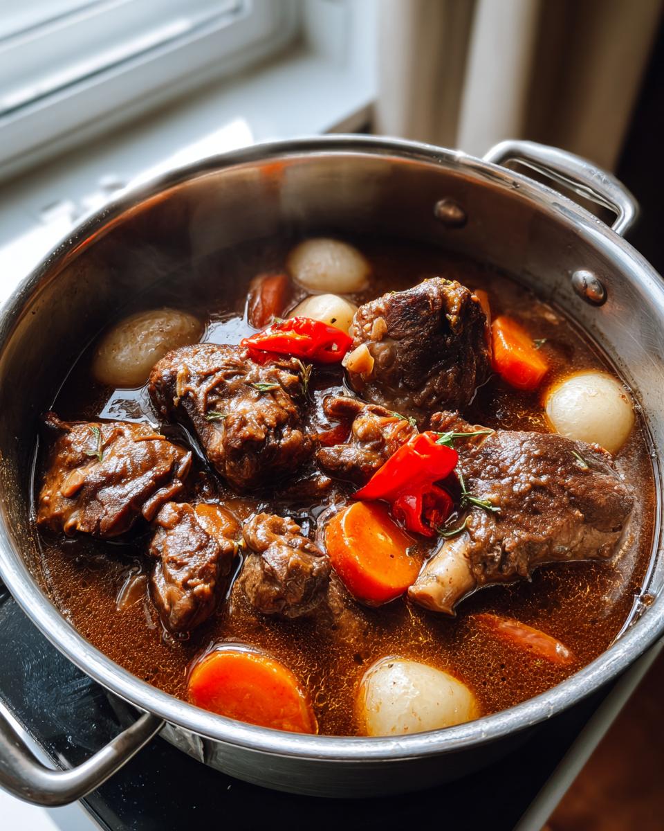 Close-up of rich, dark Trinidad brown stew chicken simmering with carrots and pearl onions in a stainless steel pot.