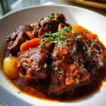 Close-up of rich, dark Trinidad brown stew chicken pieces served in a white bowl with carrots and potatoes.