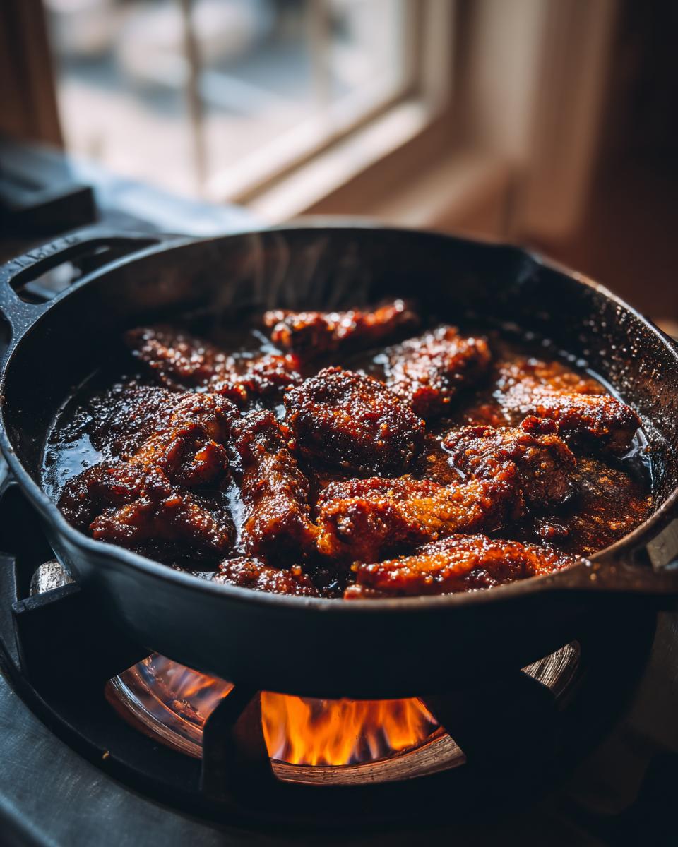 Close-up of rich, dark trinidad brown stew chicken simmering in a cast iron skillet over an open flame.