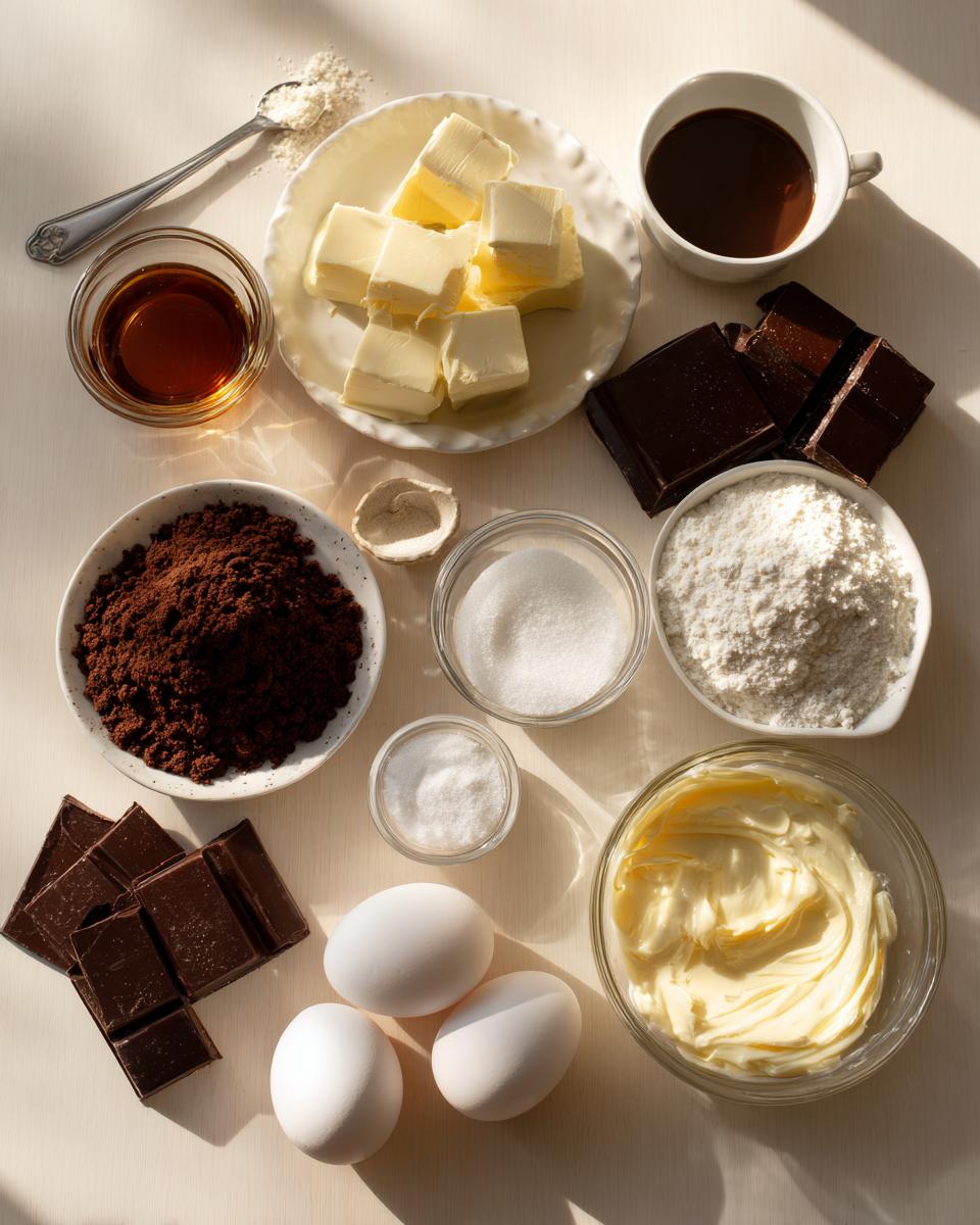 Overhead shot of ingredients for triple chocolate cheesecake, including butter, eggs, sugar, cocoa powder, and chocolate.