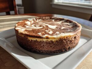 A whole triple chocolate cheesecake with a beautiful marbled top, sitting on a square white plate.