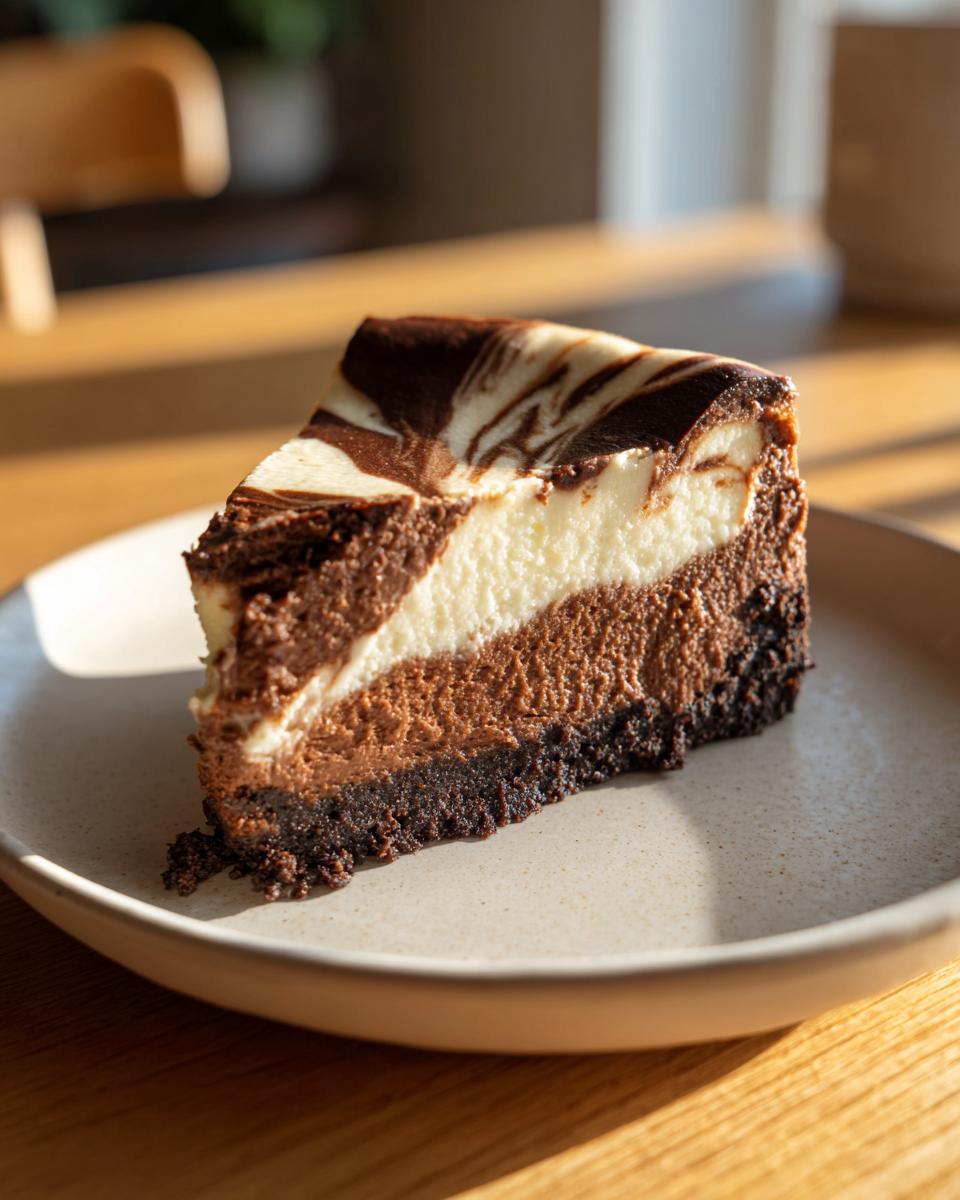 A decadent slice of triple chocolate cheesecake with marbled top layer on a plate.