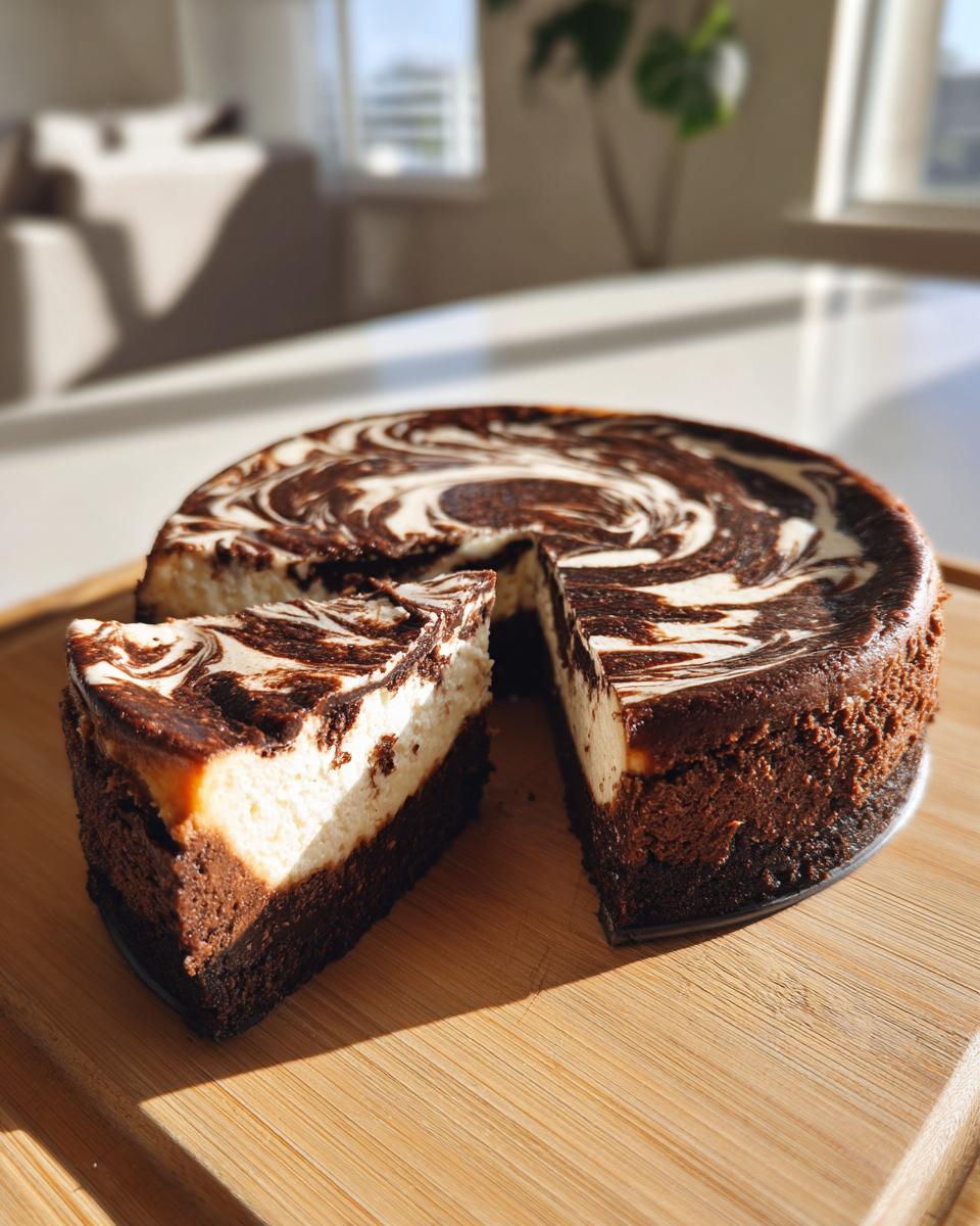 A rich triple chocolate cheesecake with a marbled top, featuring a slice cut out, sitting on a wooden board.