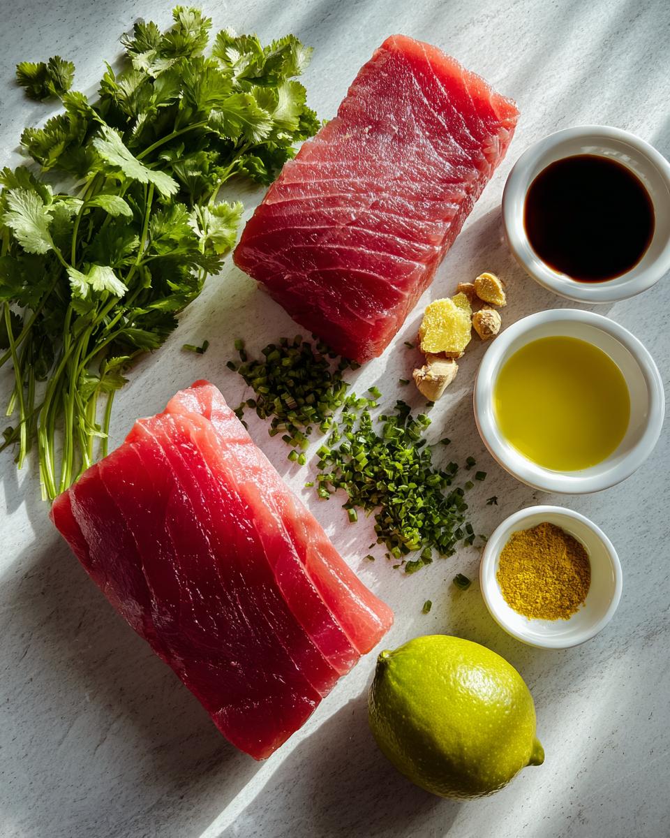 Two fresh tuna steaks surrounded by ingredients for a tuna steak marinade, including cilantro, lime, soy sauce, and spices.