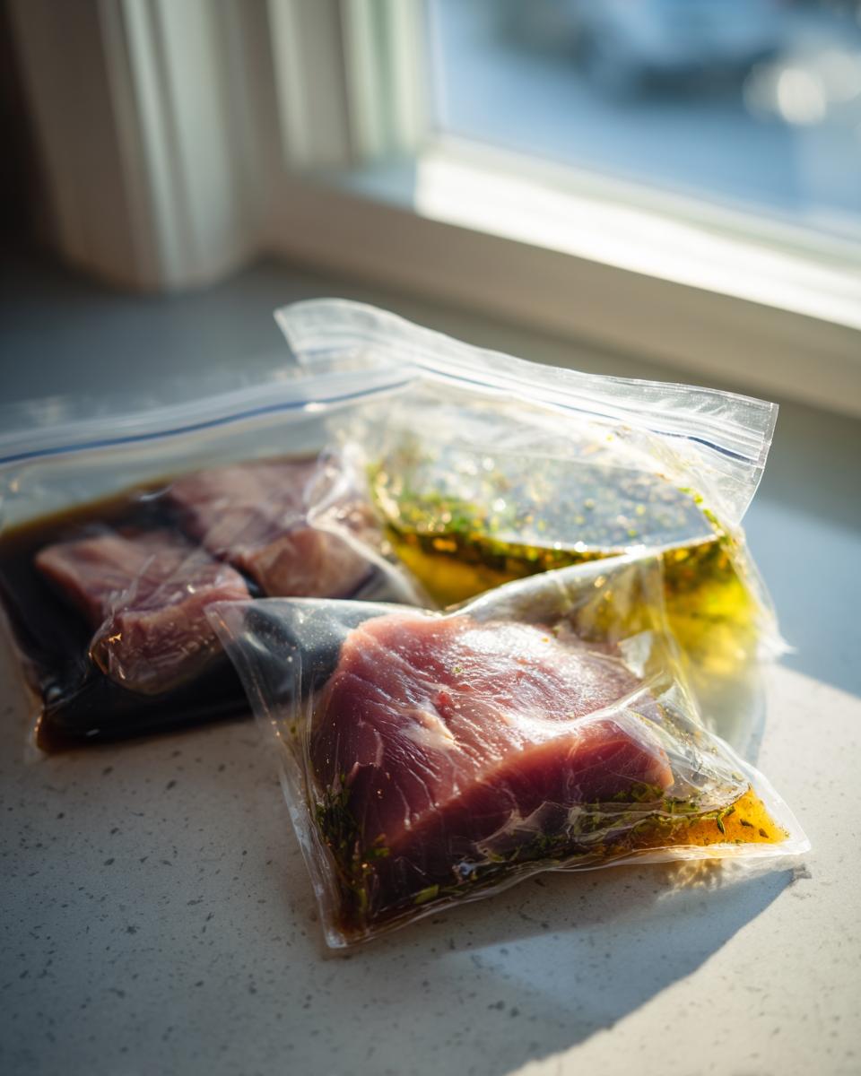 Two raw tuna steaks soaking in different liquid tuna steak marinade mixtures inside sealed plastic bags.