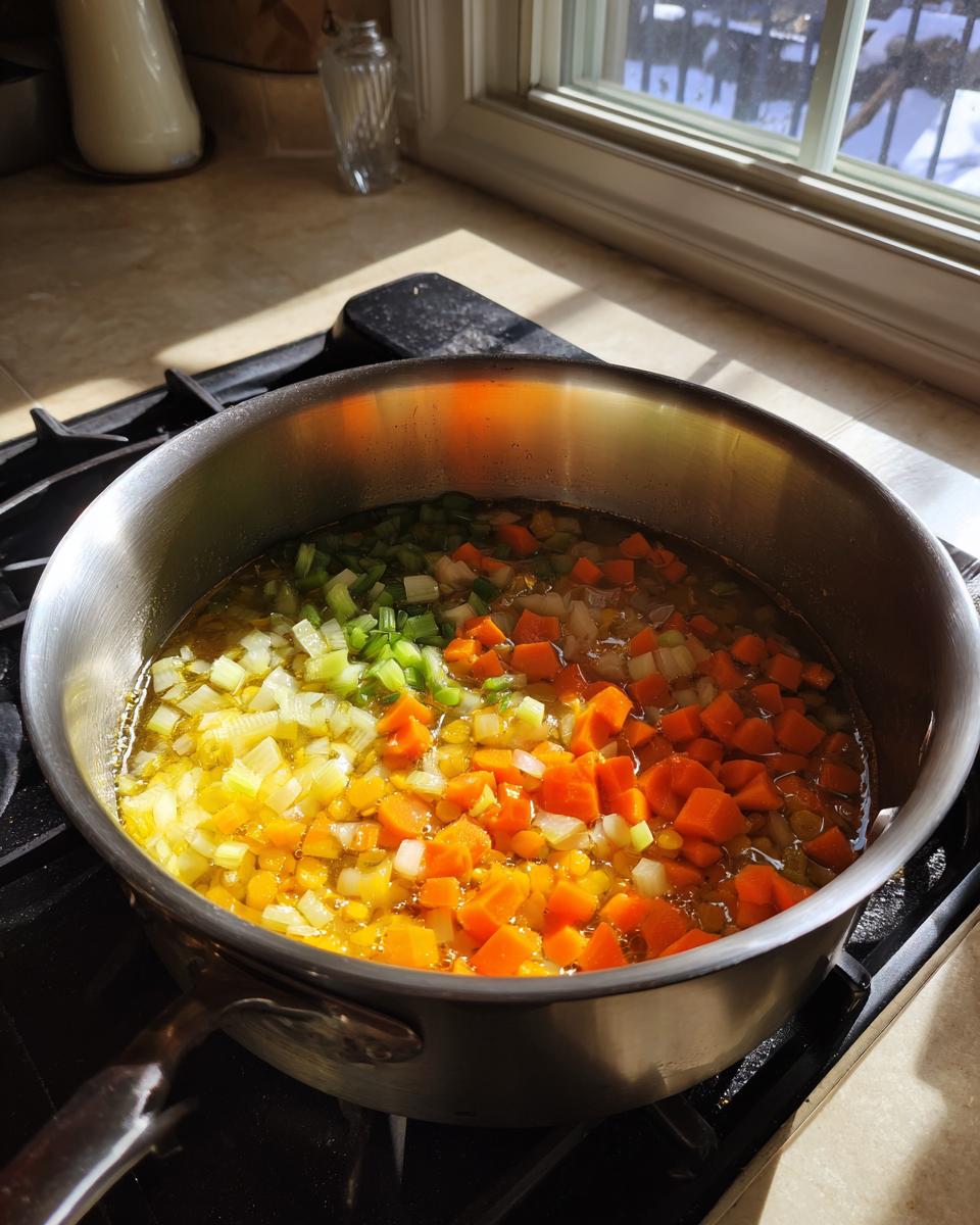 Diced carrots, celery, and onions simmering in liquid in a stainless steel pot, forming the base for lentil vegetable soup.