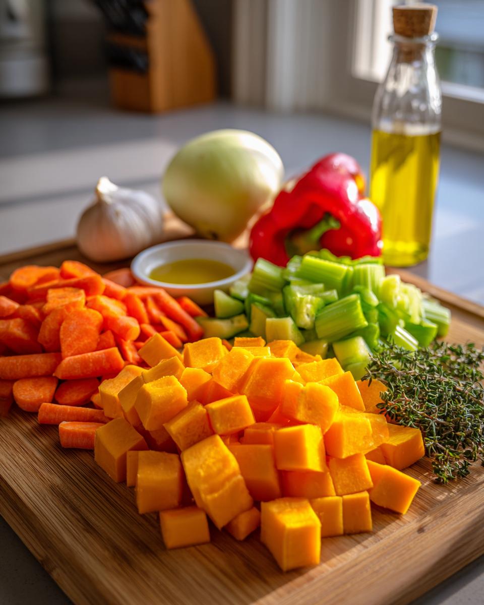 Chopped butternut squash, carrots, and celery ready for roasting to make roasted vegetable soup.
