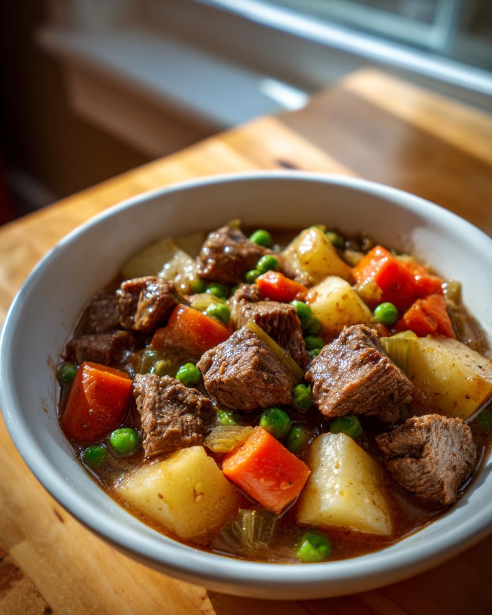 Close-up of a bowl of rich vegetable soup with stew meat, potatoes, carrots, and peas.