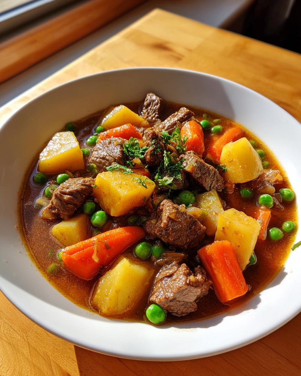 Close-up of a bowl of rich vegetable soup with stew meat, potatoes, carrots, and peas, garnished with parsley.